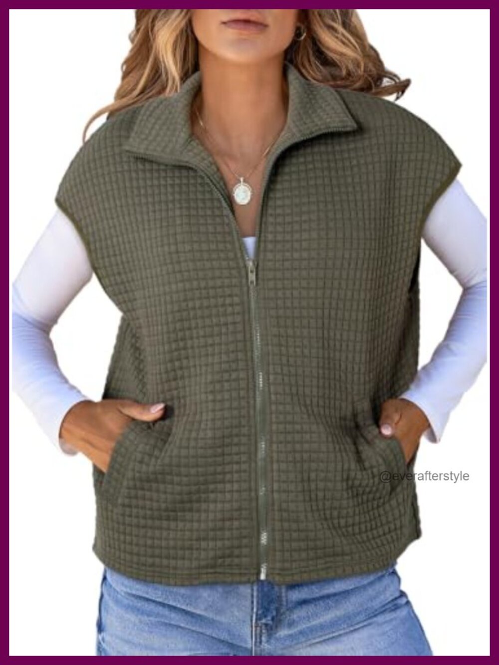 Waffle Knit Cap Sleeve Zip Vest Tops Loose Fit Casual Outerwear